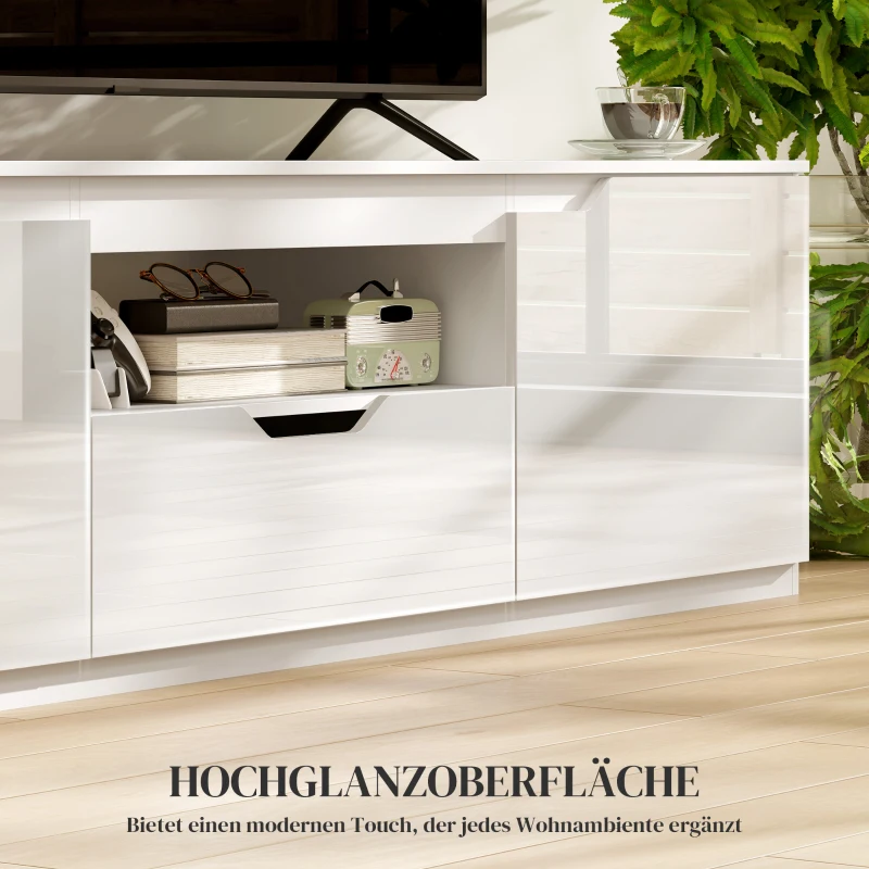 HOMCOM TV-Lowboard, Hochglanz, für Fernseher bis 65'', 3 Fächer, Schublade, 160 x 38 x 43 cm, Weiß