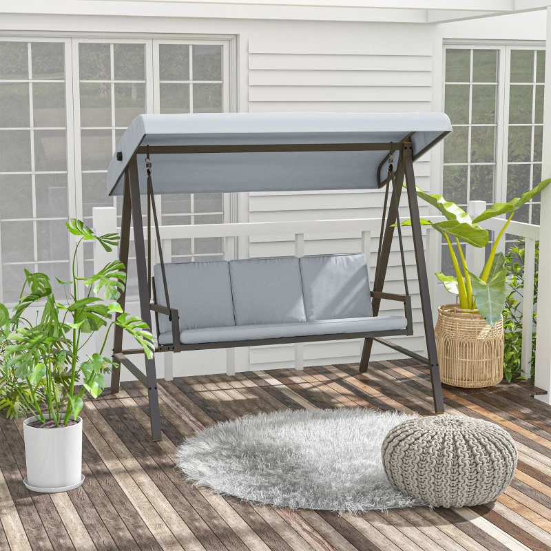Outsunny Balancín de Jardín de 3 Plazas Columpio Exterior Jardín con Toldo Ajustable Cojines Extraíbles 200x125x175 cm Gris