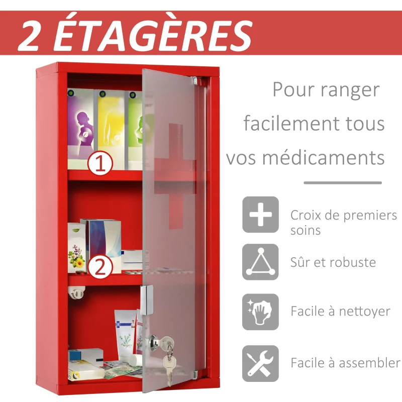 kleankin Armoire à Pharmacie 2 étagères 3 Niveaux verrouillable Porte Verre trempé dépoli Logo Croix 25L x 12l x 48H cm métal Rouge
