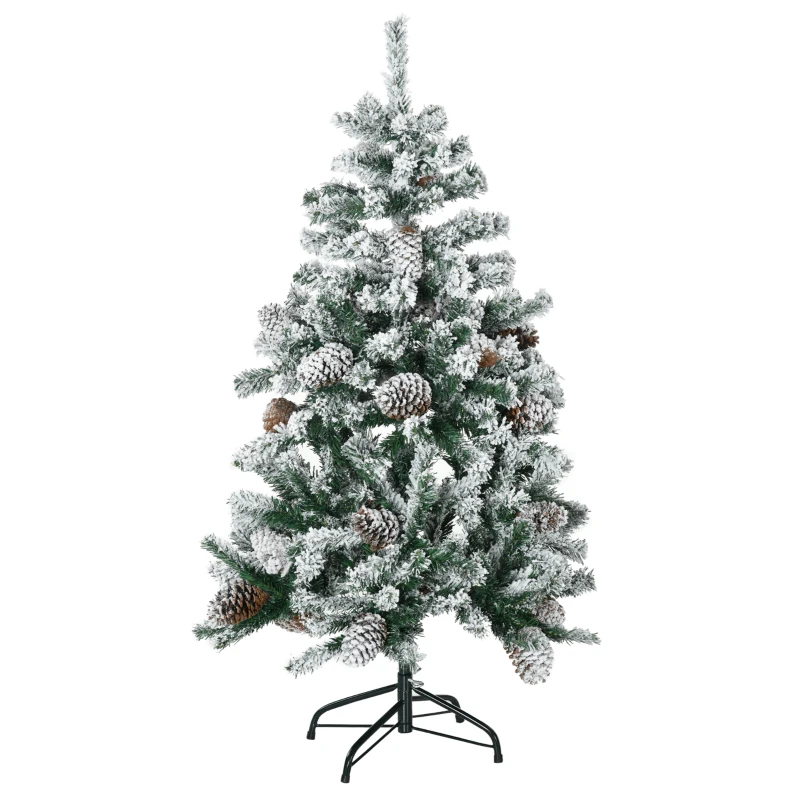 HOMCOM Sapin de Noël artificiel avec 28 pommes de pin 269 branches enneigées support en acier socle pliable hauteur 120 cm vert