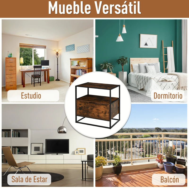 HOMCOM Mesa Consola Auxiliar de Estilo Industrial con Gran Cajón y Estante Abierto con Superficie Espaciosa Mesa Multifuncional Retro con Marco de Metal  73x45,5x76 cm Marrón Rústico