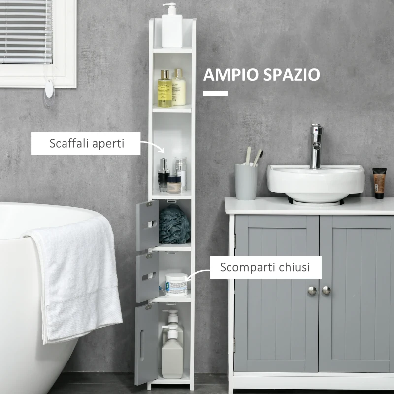 kleankin Colonna Bagno con Mensole e Armadietti, Mobile Alto Salvaspazio in Legno 15x17x120cm, Bianco e Grigio