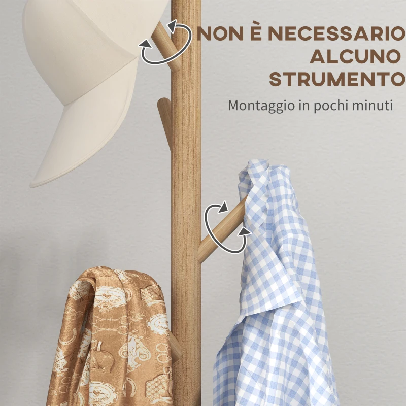 HOMCOM Appendiabiti da Terra in Legno di Abete a 8 Ganci per Casa e Ufficio, 40x40x165 cm, color Legno