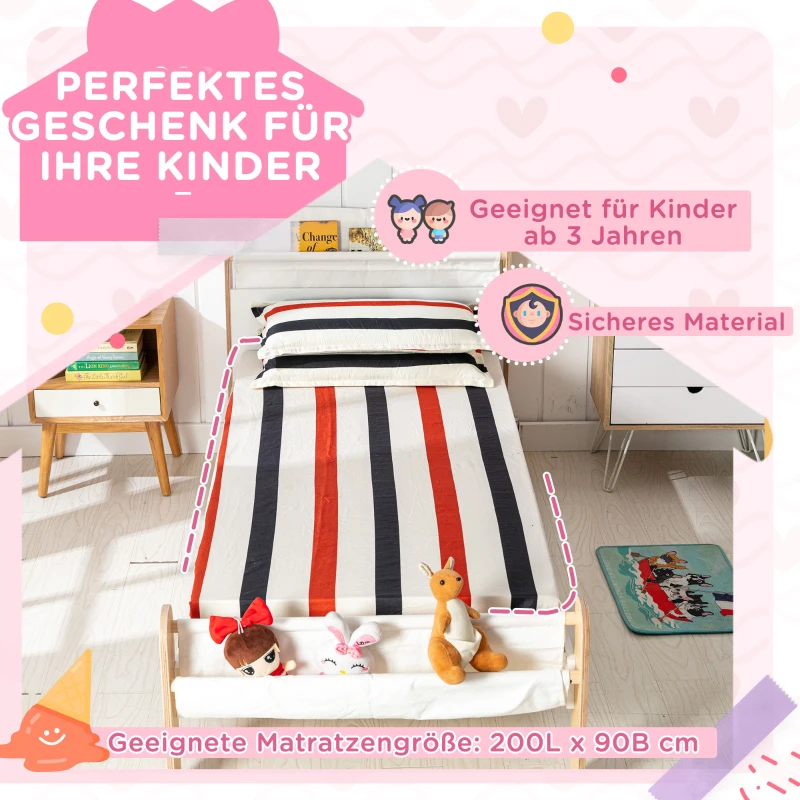 HOMCOM Kinderbett Jugendbett Hausbett mit Betttasche Spielzeugtasche ab 3 Jahre Holzbett Kinderzimmer Spielbett Einzelbett Kiefernholz Weiß+Natur 229 x 98 x 95 cm
