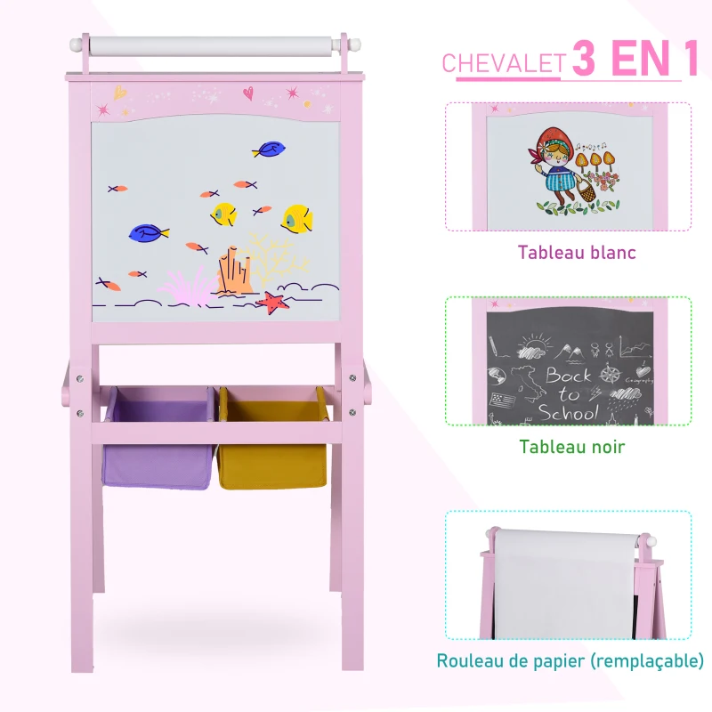 HOMCOM 3 en 1 Tableau Enfant - chevalet Enfant - Ardoise Double Face - Tableau Blanc Tableau à Craie - Rouleau Papier avec accessoires + paniers Rangement intégrés - MDF Rose