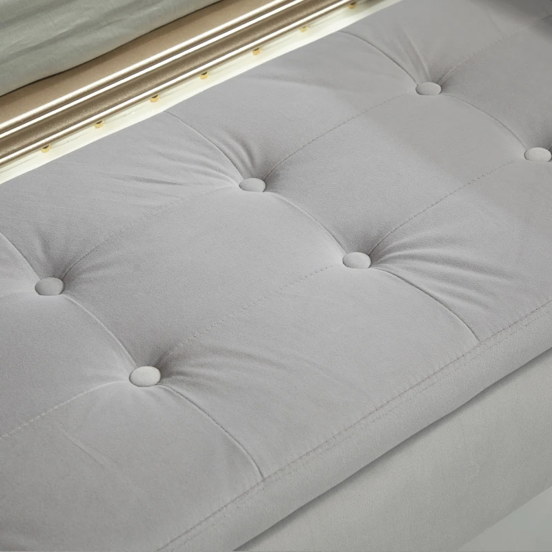 HOMCOM Sitzbank mit Stauraum und Armlehnen, Truhenbank, samtartiges Polyester, Kautschukholz, Hellgrau, 107 x 42 x 65 cm