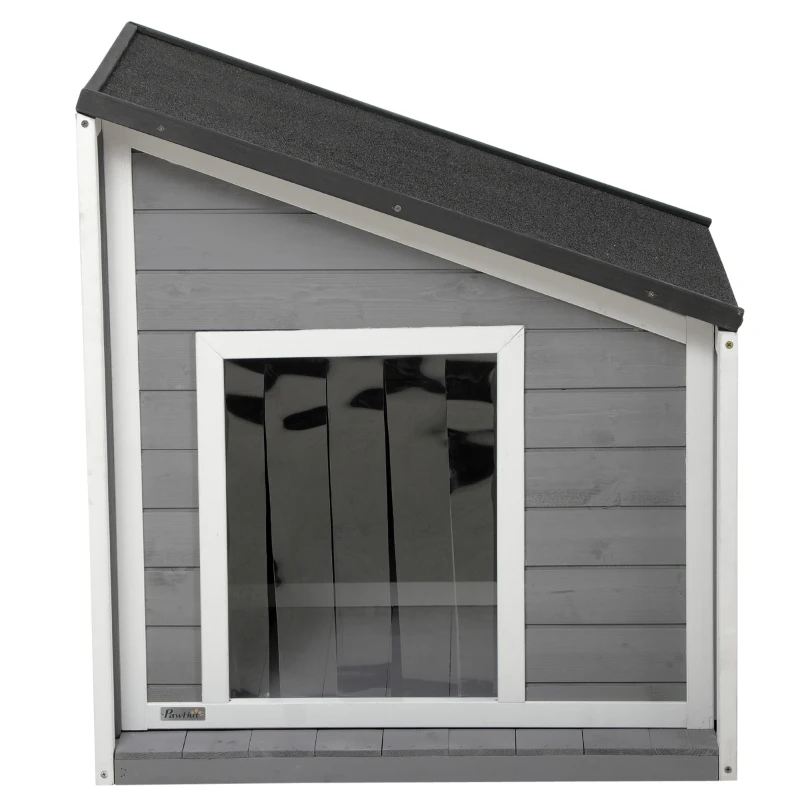 PawHut Hundehütte aus Massivholz, wetterbeständig, Asphaltdach, 71 cm x 58 cm x 77 cm, Grau + Weiß