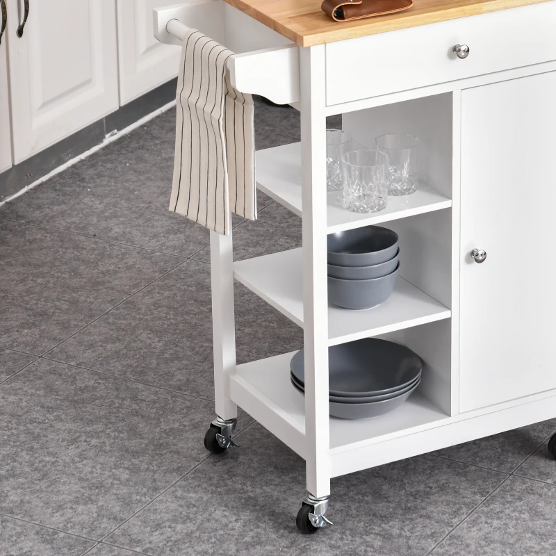 HOMCOM Carrito de Cocina Carro Auxiliar con Ruedas 1 Cajón 1 Armario 3 Estantes Abiertos de Almacenamiento para Comedor 66x39,5x86,5 cm Blanco
