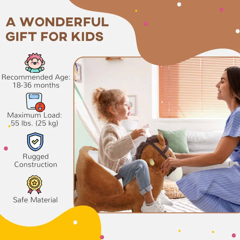 AIYAPLAY Schaukelpferd mit Geräuschen, weiche Füllung, Holzrahmen, 68x33x45 cm, Braun/Creme