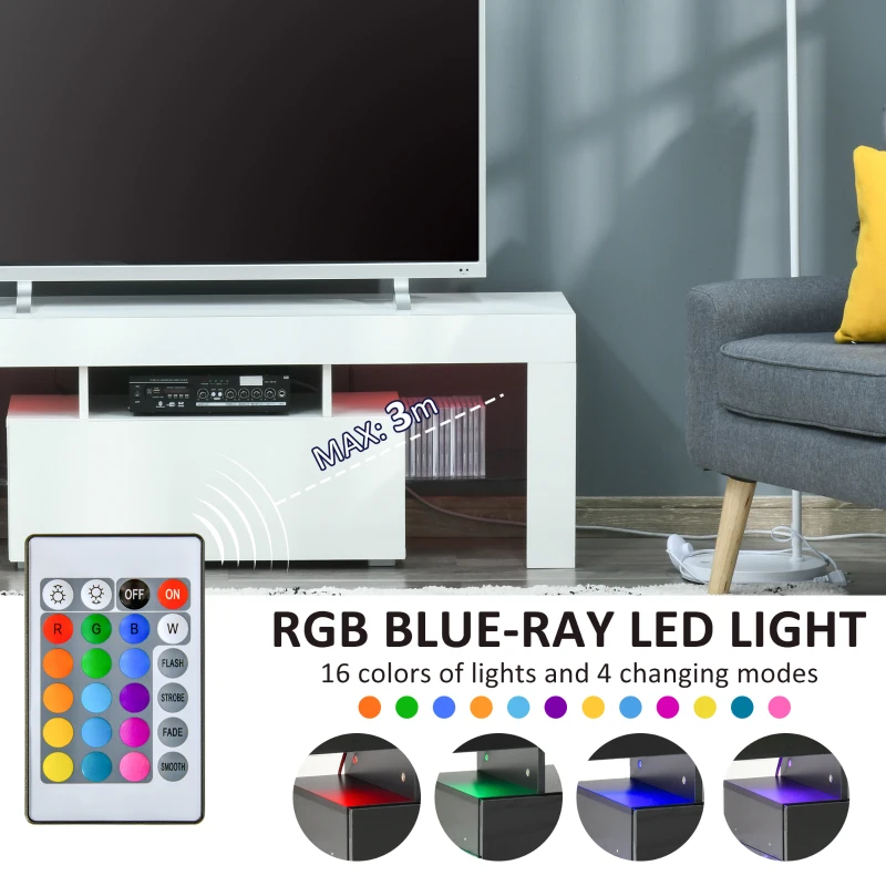 HOMCOM High Gloss TV Stand Cabinet with LED RGB Lights and Remote Control for 43"/50"/55" TV, Media TV Console Table with Storage Compartment, White