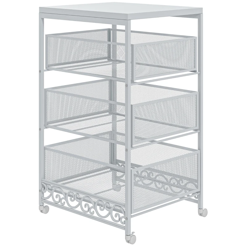 HOMCOM Carrello Portaoggetti a 3 Livelli in Truciolato e Acciaio, 34x29.5x57.5 cm, Bianco
