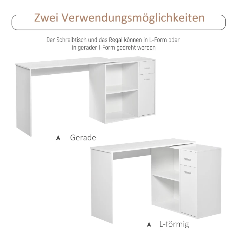 HOMCOM Eckschreibtisch Arbeitstisch Winkelschreibtisch PC-Tisch Computertisch Bürotisch 180-Grad-Design mit Regal und Schublade L-Form drehbar platzsparend Spanplatte Weiß 117x 82x74 cm