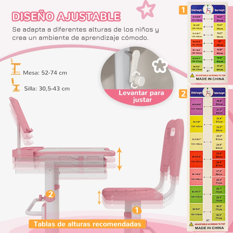 ZONEKIZ Pupitre Infantil Ajustable con 1 Cajón 1 Estante para Libros y Ángulo de Mesa Ajustable 80x49,5x82-104 cm Rosa y Blanco