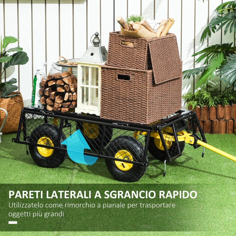 Outsunny Carrello da Giardino in Acciaio con Capacità 200 kg e Pareti Laterali Rimovibili, 104x54x51 cm, Nero e Giallo