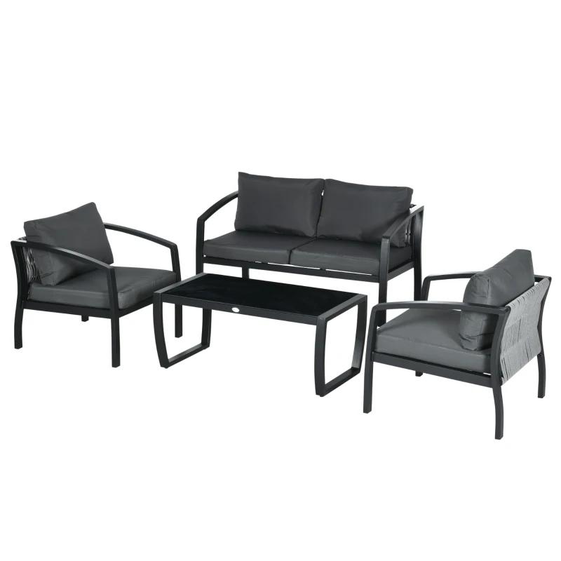 Outsunny Gartenmöbel-Set für 4 Personen, 1 Glastisch, 1 Sofa, 2 Sessel, wetterbeständig, Grau +Schwarz
