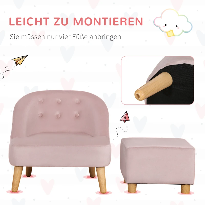 HOMCOM Kindersessel mit Ottomane für Kinder von 3 bis 5 Jahren Niedliches Design Samtoptik 51 cm x 51 cm x 50 cm Rosa