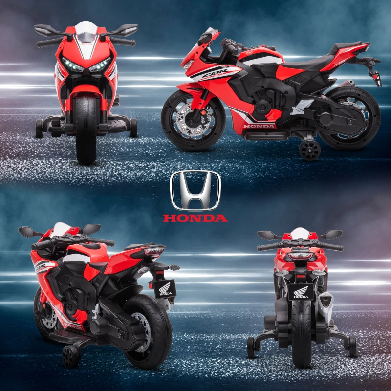 HOMCOM Moto Eléctrica con Licencia HONDA para 3-5 Años con Faros Bocina Música y Ruedas Auxiliares 90x44x52 cm Rojo