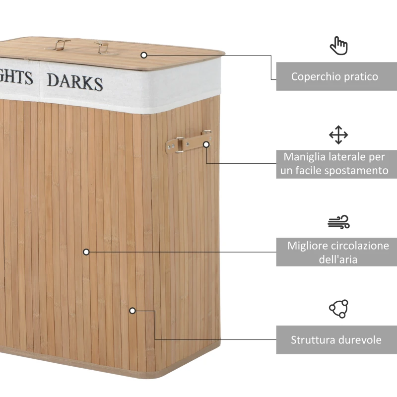 HOMCOM Cesta Portabiancheria in Bambù con Coperchio e Fodera Rimovibile, 52 x 32 x 63cm