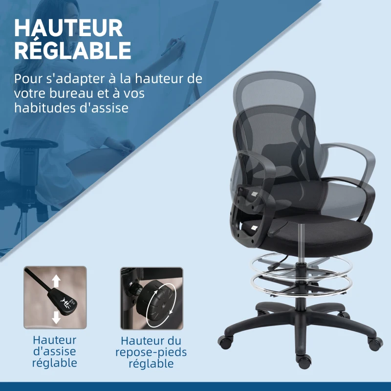Vinsetto Chaise de bureau assise haute fauteuil de bureau en maille hauteur réglable pivotant avec repose-pied noir