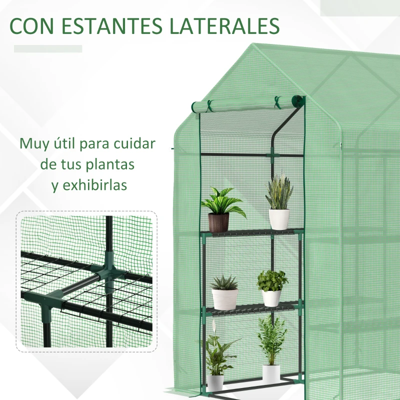 Outsunny Invernadero de Jardín Tipo Caseta Invernadero de Exterior con 2 Niveles 4 Estantes Puerta Enrollable Marco de Acero y Cubierta de PE 140g/㎡ para Cultivos Plantas Macetas 143x138x190 cm Verde