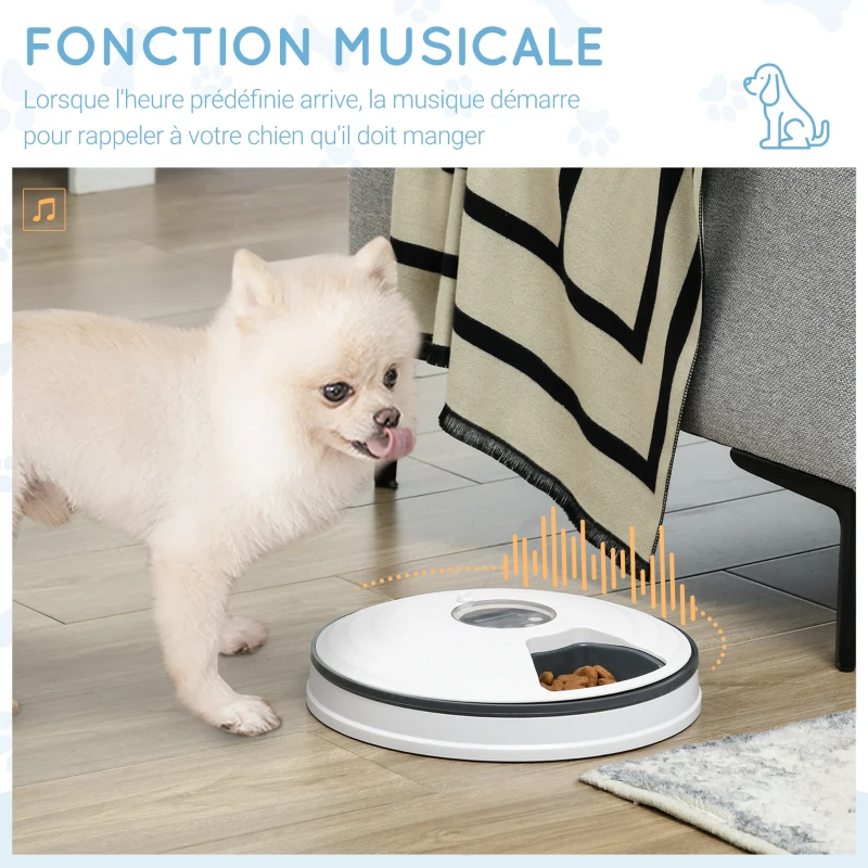 PawHut Distributeur de nourriture pour animaux de compagnie intelligent gamelle d'alimentation mangeoire automatique pour chien et chat 6 compartiments fonction de musique minuterie blanc gris