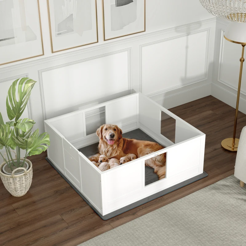 PawHut Whelping Box for Dogs with Whelping Pad, Adjustable Entrance, Non-slip Foot Pads, for Large Dogs, 124 x 120cm