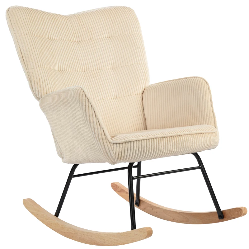 HOMCOM Vintage Schaukelstuhl, geschwungene Kufen, dicke Polsterung, Buchenholz & Stahl, Beige(m-10)
