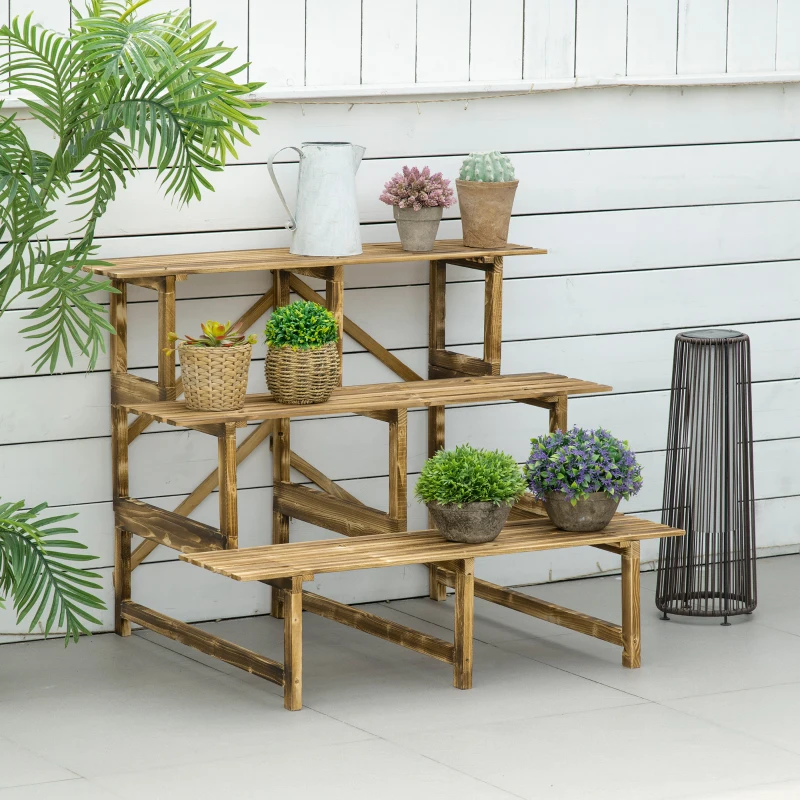 Outsunny 3 Tier Outdoor Plant Stand, Wood Ladder Shelf, Flower Pot Display Rack for Garden Backyard