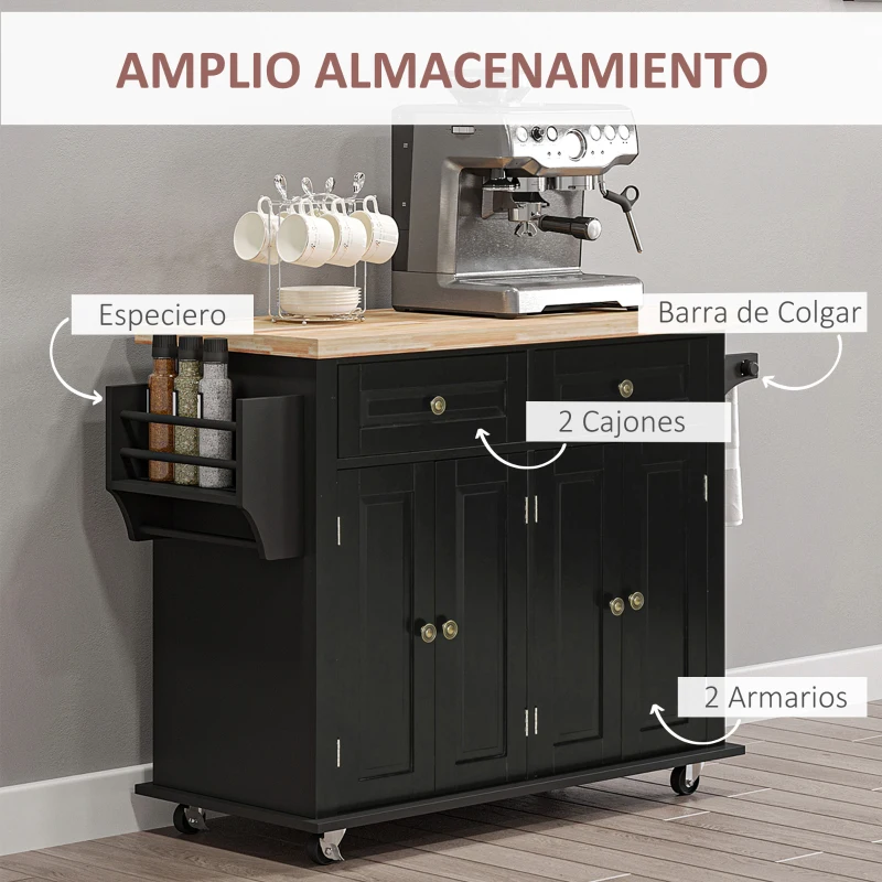 HOMCOM Isla de Cocina con Ruedas Mueble Auxiliar de Cocina con Especiero y Barra Lateral 111x44,5x82,5 cm Negro