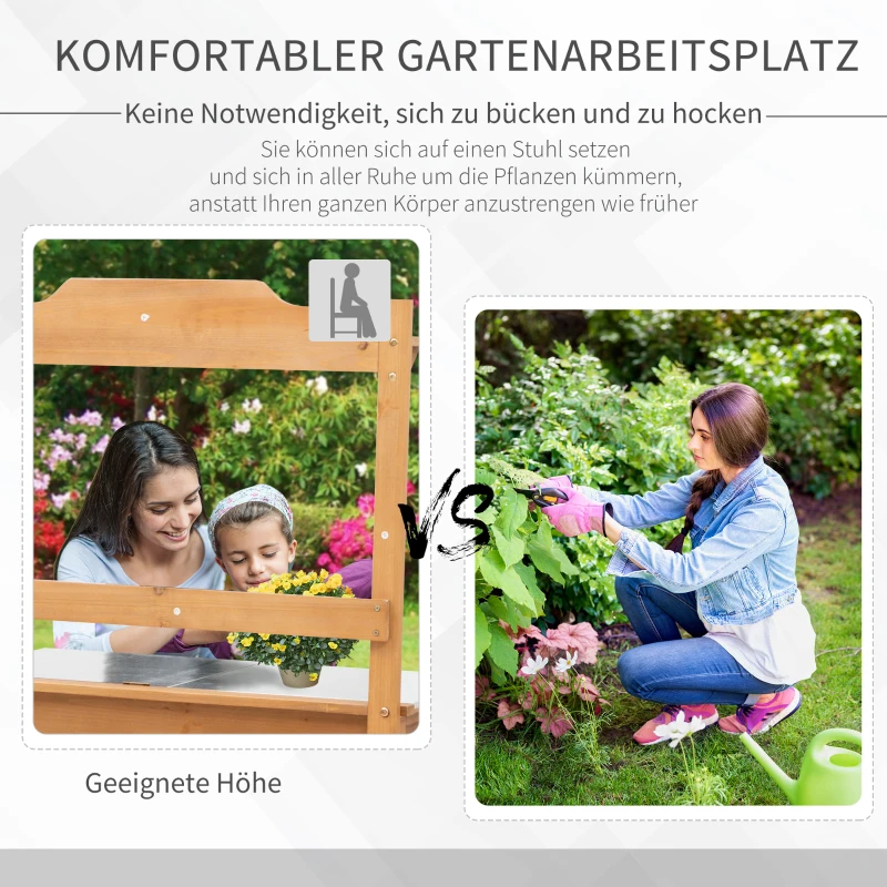 Outsunny Pflanztisch mit verzinkter Arbeitsplatte Gärtnertisch für Garten Balkon und Terrasse mit Ablage Blumenregal Blumenständer aus Tannenholz Metall Natur 80 x 42 x 142 cm