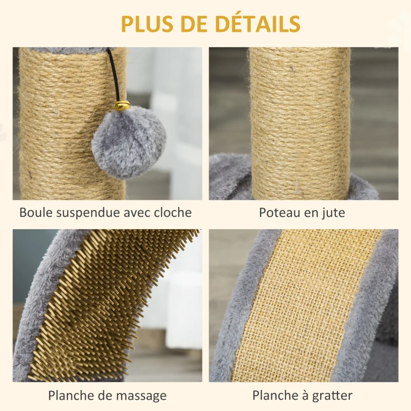 PawHut Arbre à chat arbre à grimper griffoir pour chat balle suspendue hauteur 43 cm avec poteau jute à griffer gris
