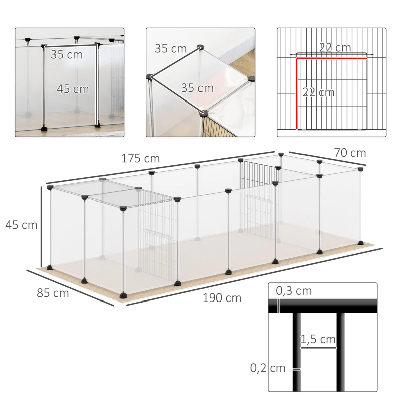 PawHut Valla para Mascotas DIY con 20 Paneles y Tapete Parque para Animales Pequeños para Cobayas Conejos 175x70x45 cm Blanco