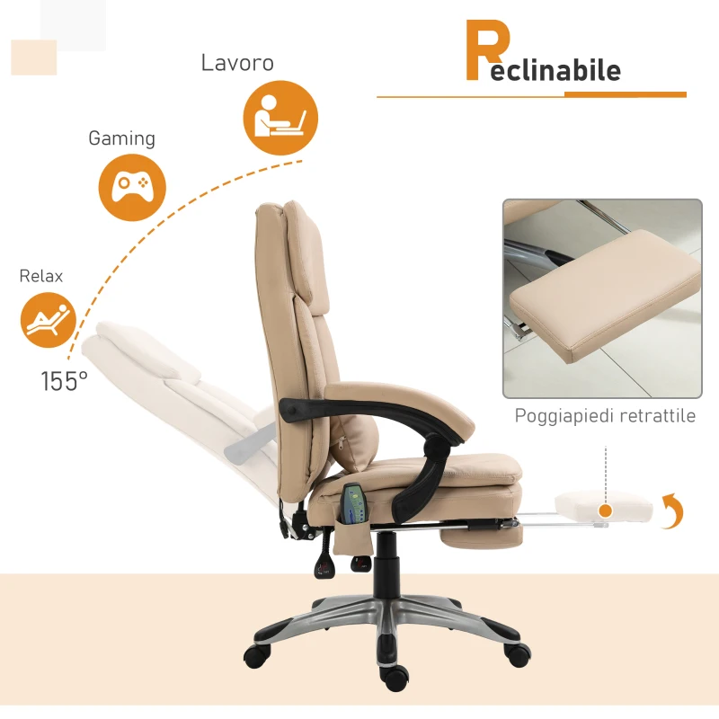 Vinsetto Poltrona Massaggiante da Ufficio, Altezza Regolabile e Reclinabile in Pelle PU, 67x69x106.5-114.5cm Beige