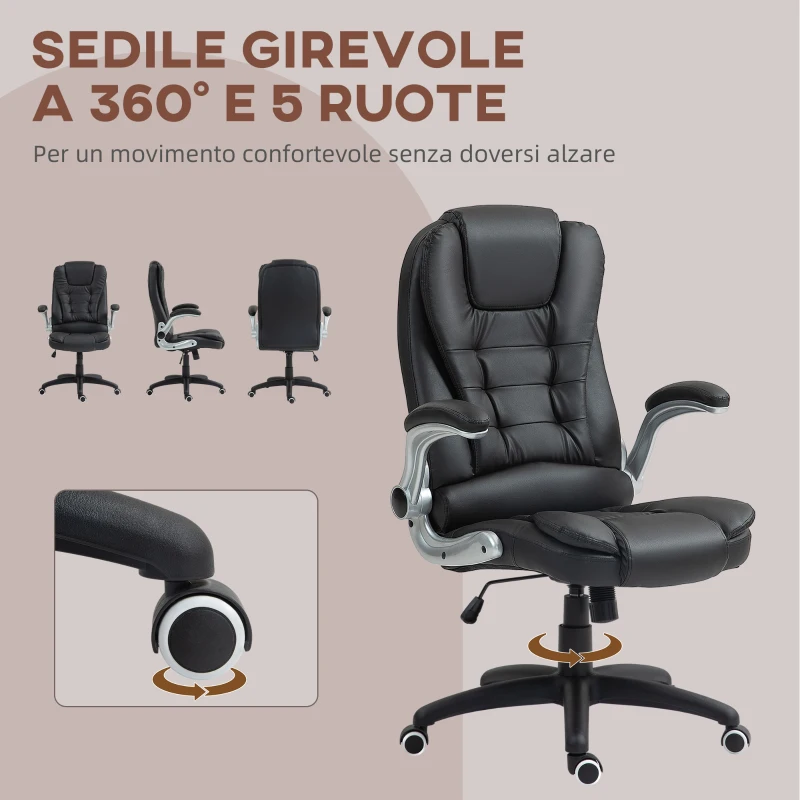 HOMCOM Sedia da Ufficio in Finta Pelle PU con Braccioli Ribaltabili, Schienale Alto e Dondolo, Nero