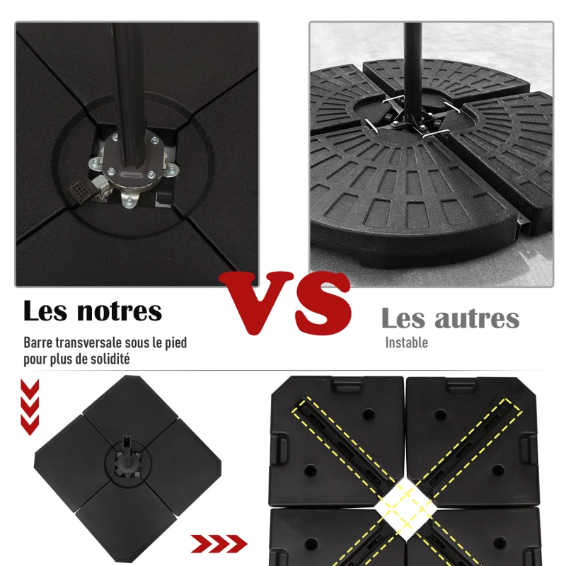 Outsunny Pied de parasol lot de 4 dalles pour parasol à lester - A remplir d'eau jusqu'à 80 kg ou de sable jusqu'à 120 kg - dim. tot. 100L x 100l x 9,5H cm HDPE noir