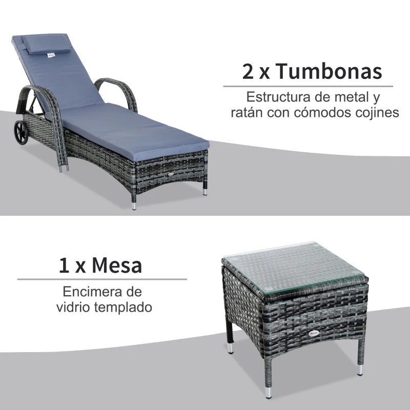 Outsunny Conjunto de 2 Tumbonas con Cojín y Respaldo Ajustable 5 Posiciones y 1 Mesita de Ratán Sintético Color Gris
