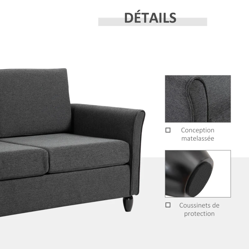 HOMCOM Canapé 2 Places Design scandinave dim. 141L x 70l x 78H cm Pieds Bois Massif Tissu Lin Gris foncé