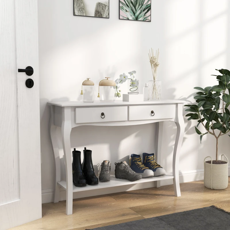 HOMCOM Mesa Consola Aparador Salón Comedor Mueble Recibidor Mesa Auxiliar con Cajones y Estante Diseño Elegante 100x33x75cm Madera Color Blanco Brillo(m-2)