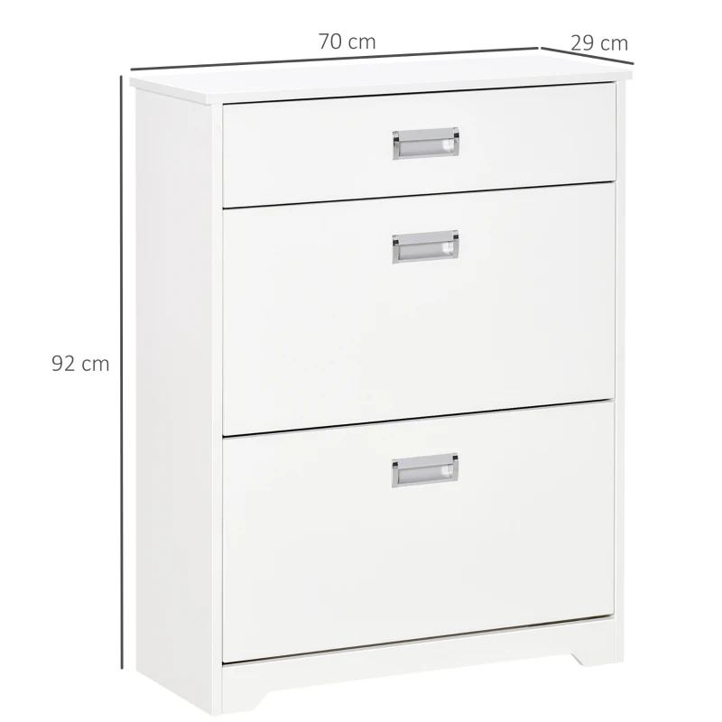 HOMCOM Meuble à chaussures avec 2 tiroirs rabattables étagère réglable + 1 tiroir  jusqu'à 16 paires 70L x 29l x 92H Blanc