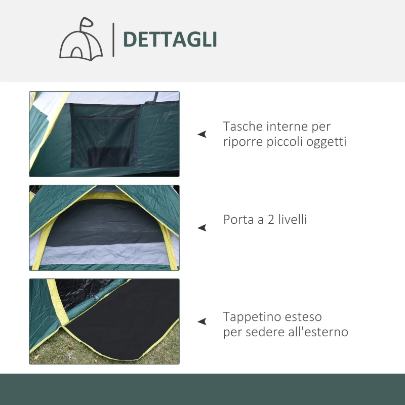 Outsunny Tenda da Campeggio 2 Posti con Apertura Automatica, Tasche Interne e Tappetino, 205x195x135 cm, Verde Oliva