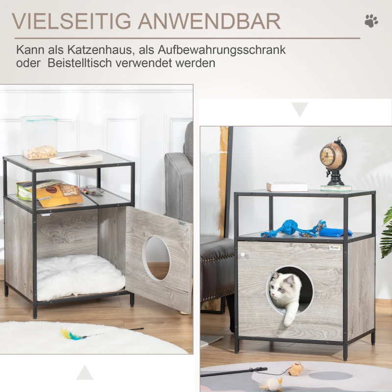 PawHut Katzenhöhle Katzenschrank Katzenbett Katzenhaus mit Tür offenem Regal Plüsch Grau+Schwarz 48 x 40 x 65,5 cm