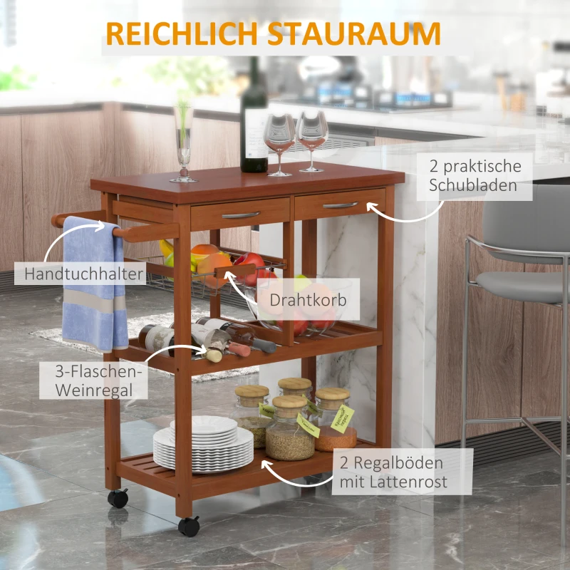 HOMCOM Küchenwagen, Servierwagen mit Weinregal, Rollwagen mit Arbeitsplatte, Korb, Handtuchhalter, Küchentrolley, Bestelltisch aus Kiefernholz, Natur 85 x 37 x 85cm