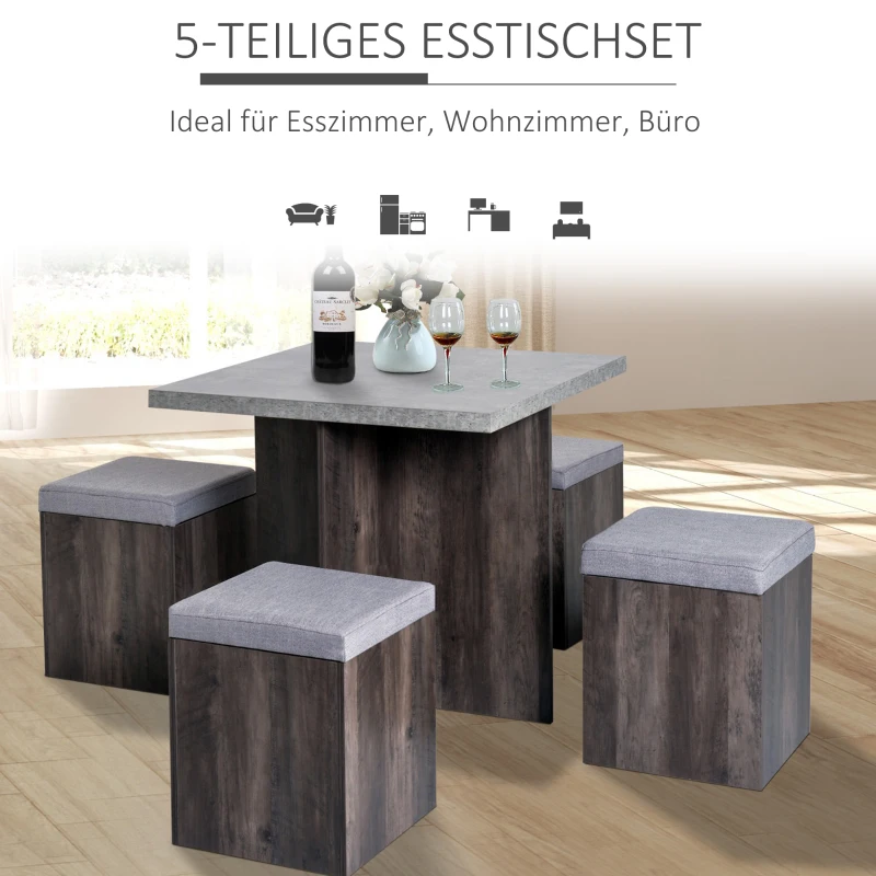 HOMCOM Essgruppe Esstisch Set mit 4 Hockern Sitzgruppe 5-tlg. Esszimmer mit Stauraum Grau 78 x 78 x 76cm
