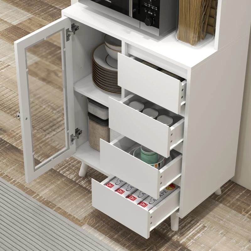 HOMCOM Alacena de Cocina Aparador con 2 Puertas de Vidrio Compartimentos 4 Cajones y Estantes Ajustables 60x35x180 cm Blanco