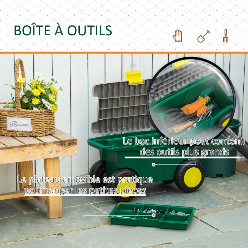 Outsunny Tabouret de Jardin Caisse à Outils 2 en 1 - Coffre et Plaque compartimentée de Rangement verrouillable - 4 roulettes, 2 poignées - PP Gris Jaune Vert