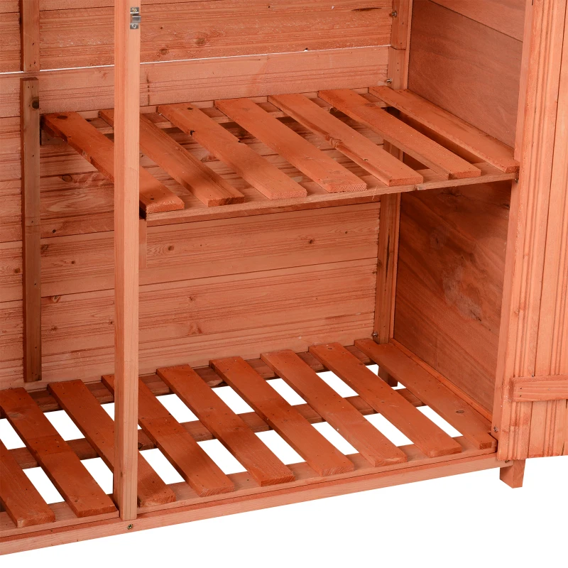 Outsunny Gartenschrank Holz Geräteschuppen mit Fachböden Gerätehaus Gartenhaus mit 3 Fächern 2 Türen Asphaltdach Massivholz Natur 128 x 49 x 80/91 cm