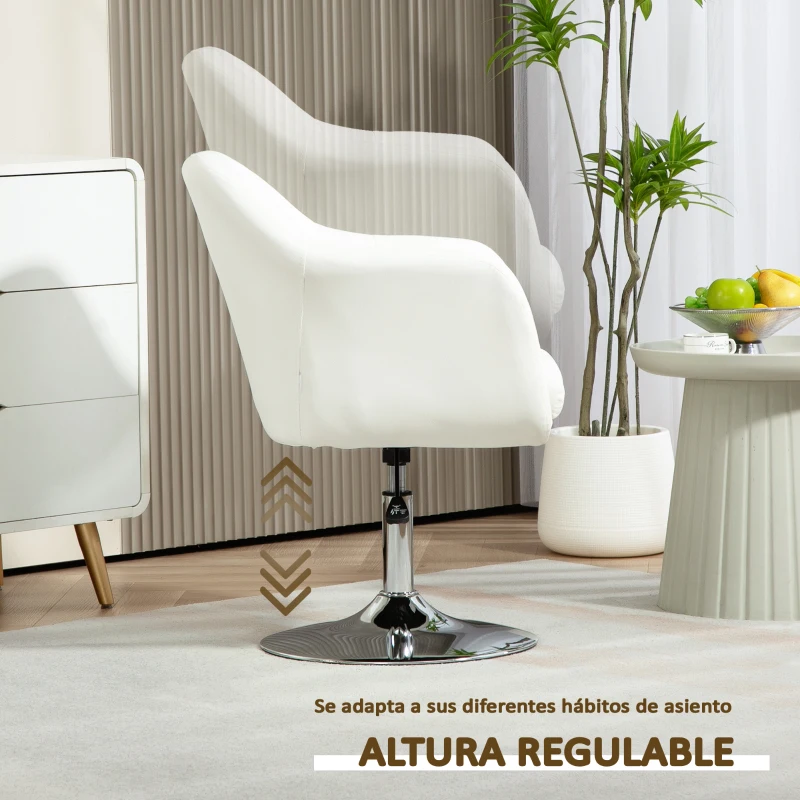 HOMCOM Sillón para Salón Giratorio 360° con Altura Ajustable Respaldo Envolvente Reposabrazos y Cojín 60x60x79-91 cm Blanco