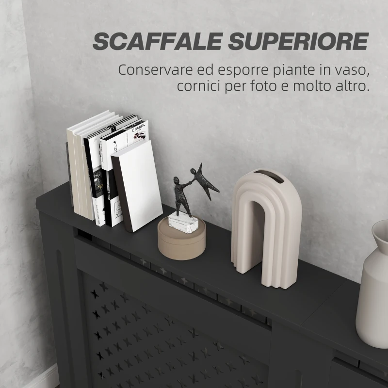 HOMCOM Copritermosifoni in Legno MDF Traforato a Croce con Ripiano e Fissaggio a Muro, 152x19x82 cm, Nero