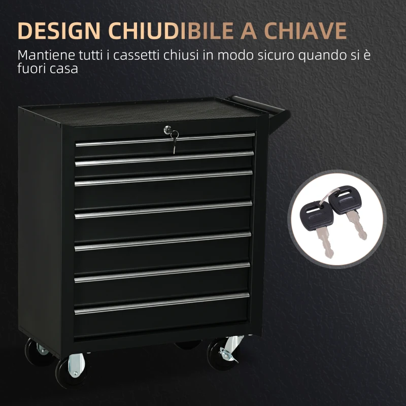 DURHAND Carrello da Officina con 7 Cassetti, Serratura con Chiavi, Ruote e Maniglia, 69x33x75cm, Nero