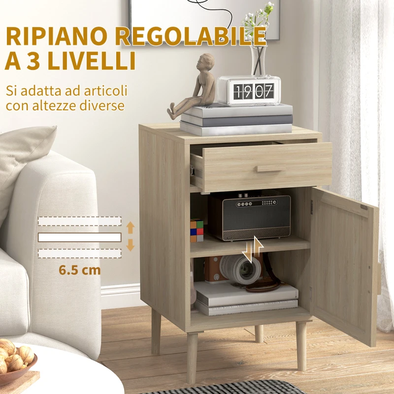 HOMCOM Set 2 Comodini per Camera da Letto con Cassetto e Anta in Rattan Stile Boho, Colore Legno